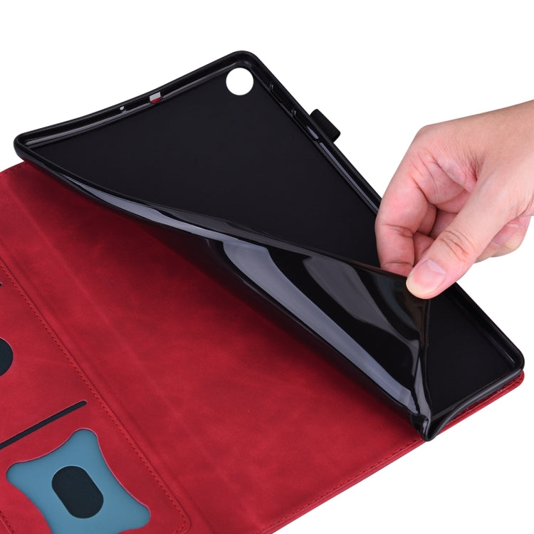 Red leather tablet case open to show the internal shell and flip cover