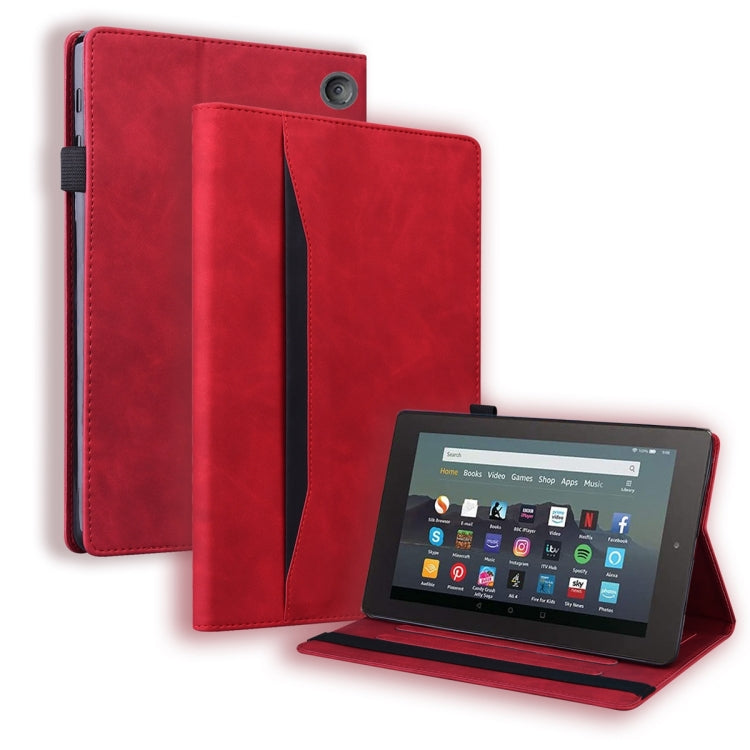 Red leather tablet case with horizontal flip stand and wake cover in use