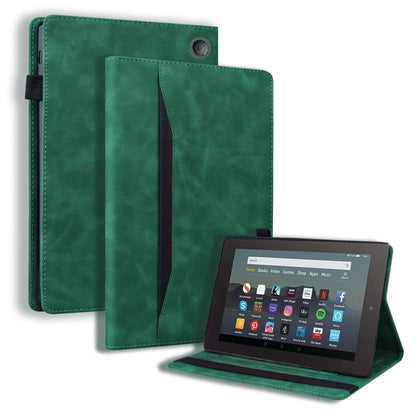 Green leather tablet case with horizontal flip stand showing tablet in cover