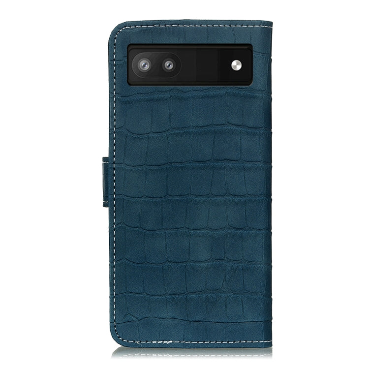 Blue crocodile-texture leather phone case with camera cutout and stitched edges.