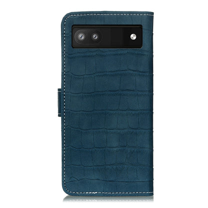 Blue crocodile-texture leather phone case with camera cutout and stitched edges.