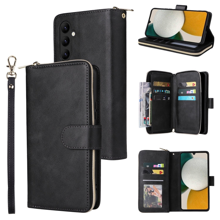 Black leather 9-card zip wallet phone case with wrist strap and magnetic card holder.