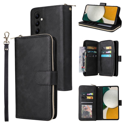 Black leather 9-card zip wallet phone case with wrist strap and magnetic card holder.