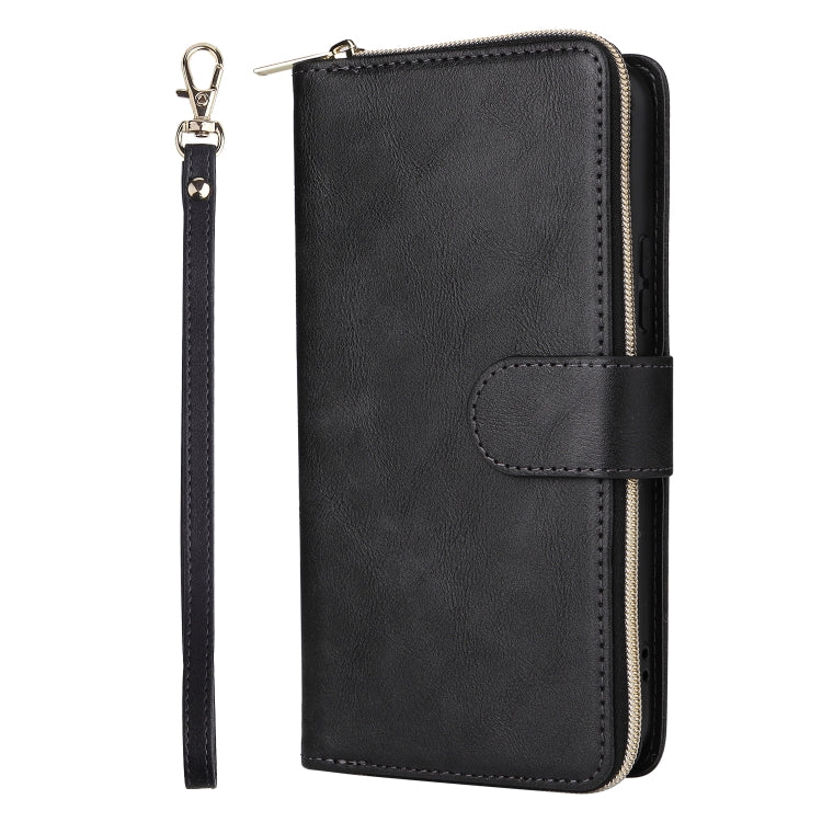 Black leather phone wallet case with zipper, wrist strap, and folio-style card pocket.