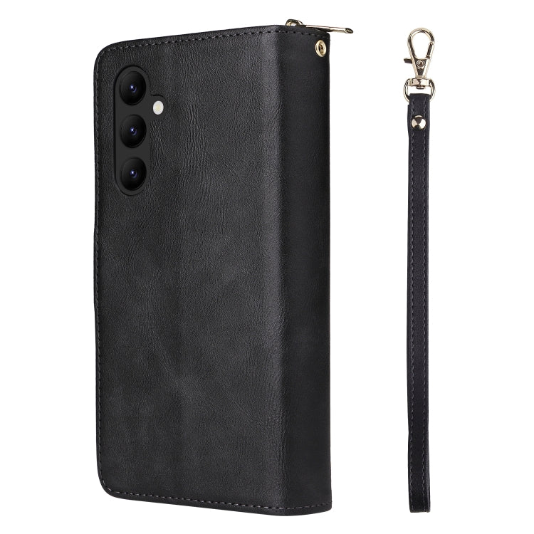 Black leather folio phone wallet case with wrist strap and metal zipper pull.