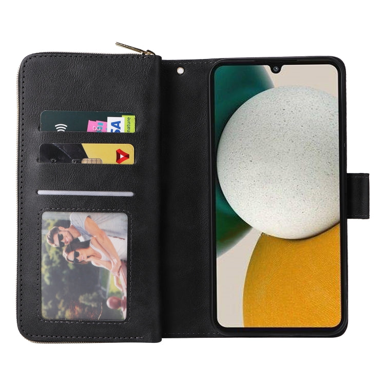 Black leather phone wallet case open view with card slots and zipper closure.