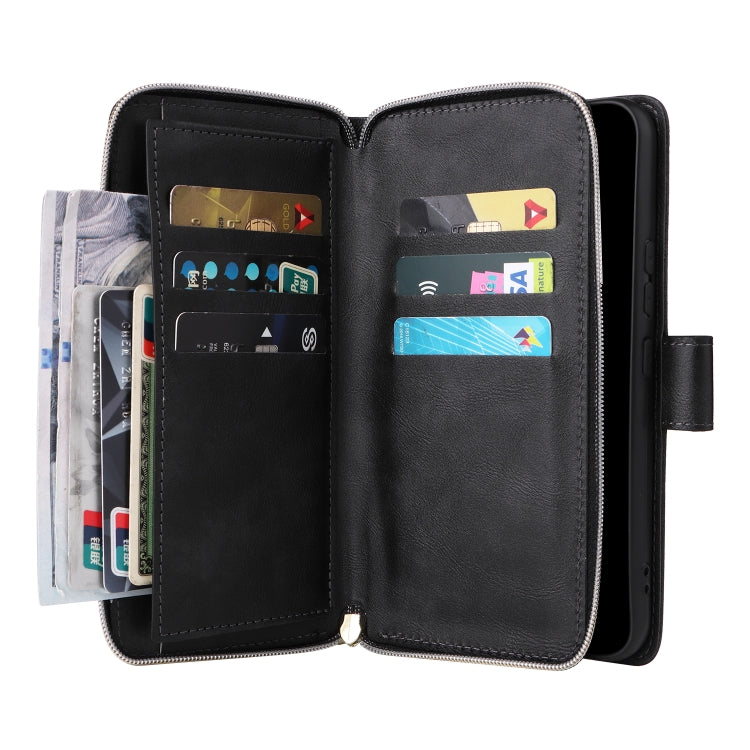Black leather zip wallet phone case open with multiple card slots for cards and cash.
