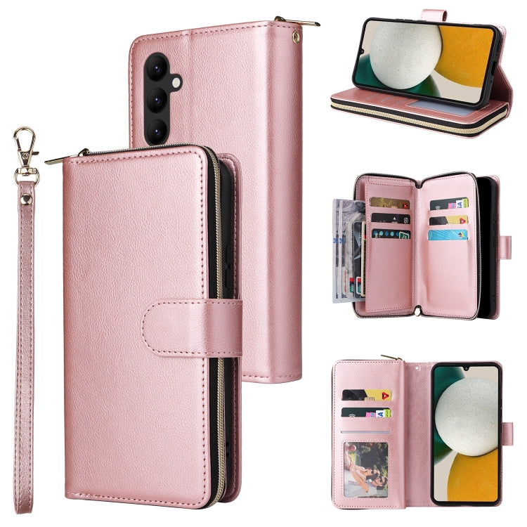 Pink leather zip wallet phone case with wrist strap and 9 card slots, flip cover