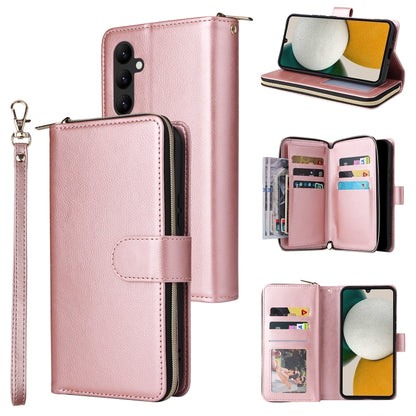 Pink leather zip wallet phone case with wrist strap and 9 card slots, flip cover