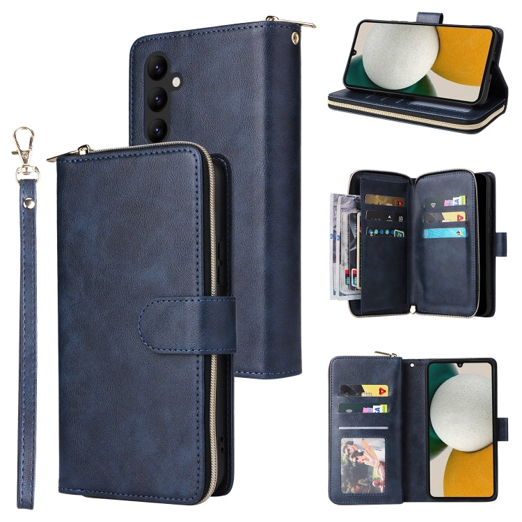 Dark blue leather zip wallet phone case with wrist strap and 9 card slots, flip cover