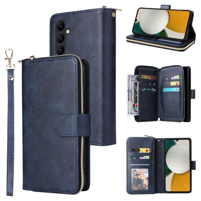 Dark blue leather zip wallet phone case with wrist strap and 9 card slots, flip cover