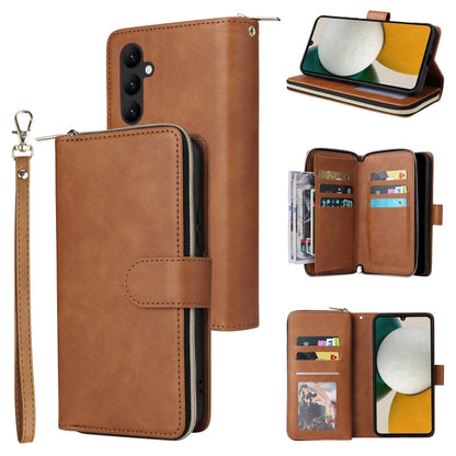 Brown leather zipper phone wallet with card slots, wrist strap, and flip cover