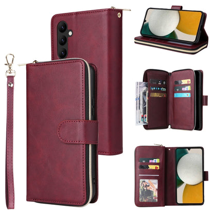 Wine red leather zipper phone wallet with card slots and wrist strap, flip cover open