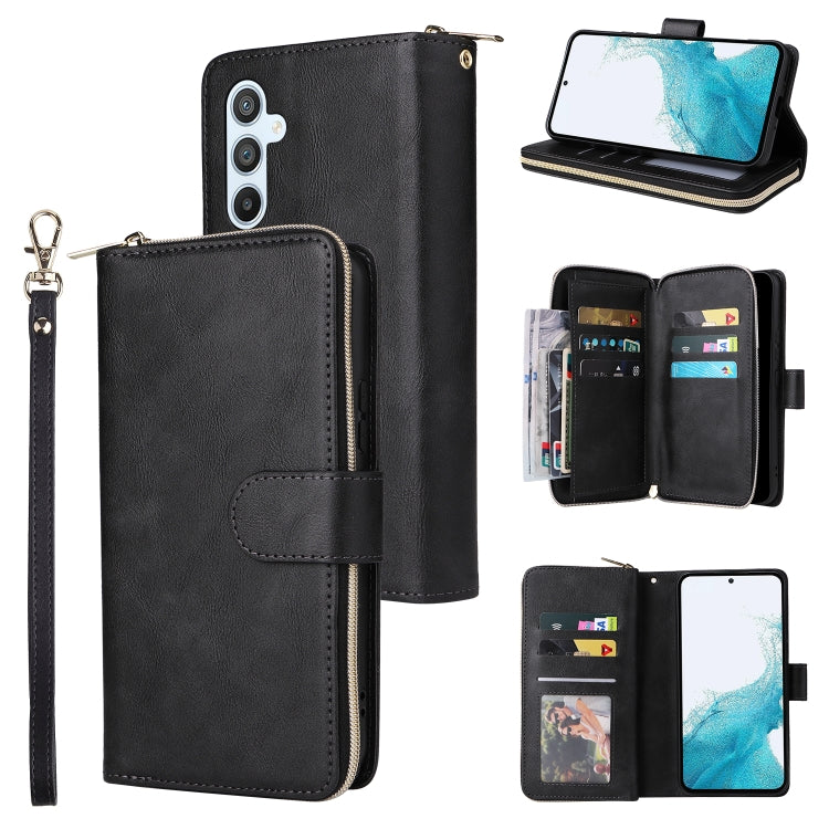 Black leather zip phone wallet with wrist strap; includes open card holder and magnetic flap.