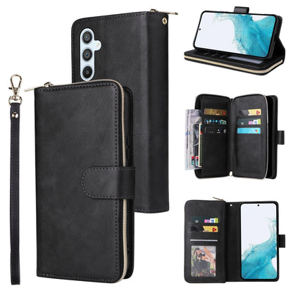 Black leather zip phone wallet with wrist strap; includes open card holder and magnetic flap.