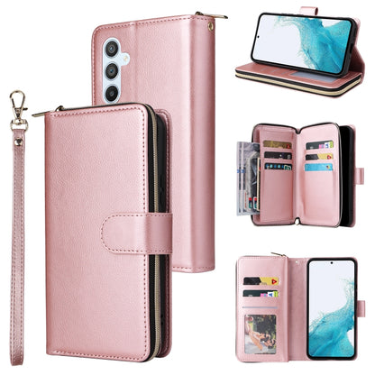 Pink leather zip wallet phone case with wrist strap and 9 card slots, card holder