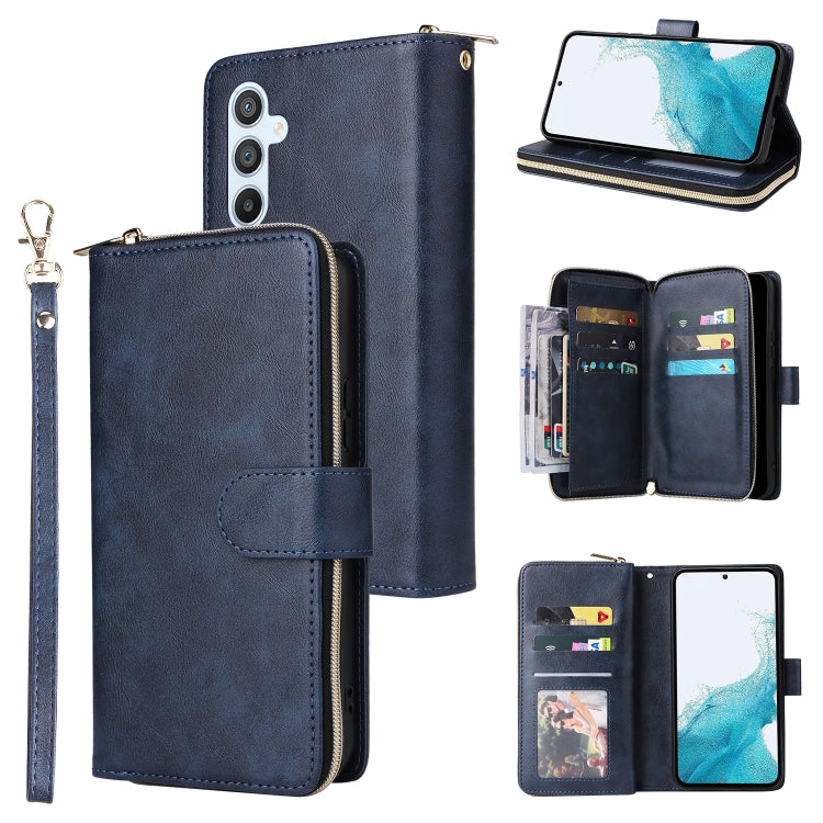 Dark blue leather zip wallet phone case with wrist strap, 9 card slots, phone + card slots