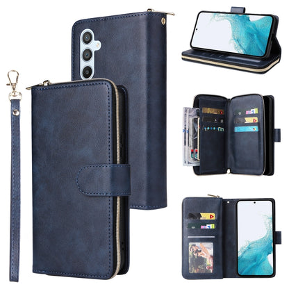 Dark blue leather zip wallet phone case with wrist strap, 9 card slots, phone + card slots