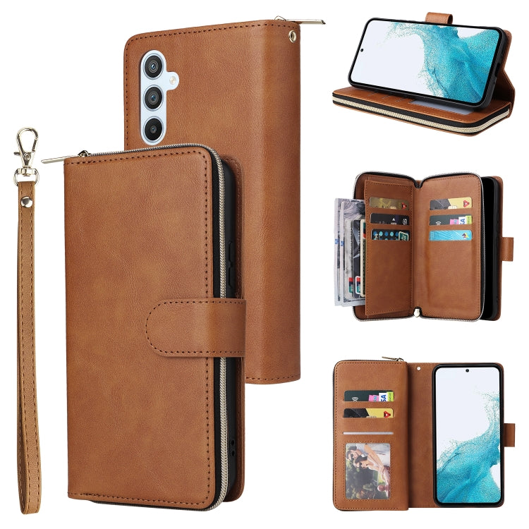 Brown leather zipper phone wallet with card slots and wrist strap, closed and open views