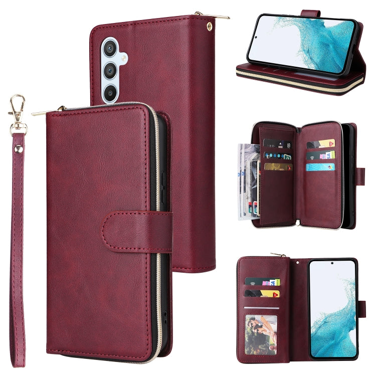 Wine red leather zipper phone wallet with card slots and wrist strap, front and back