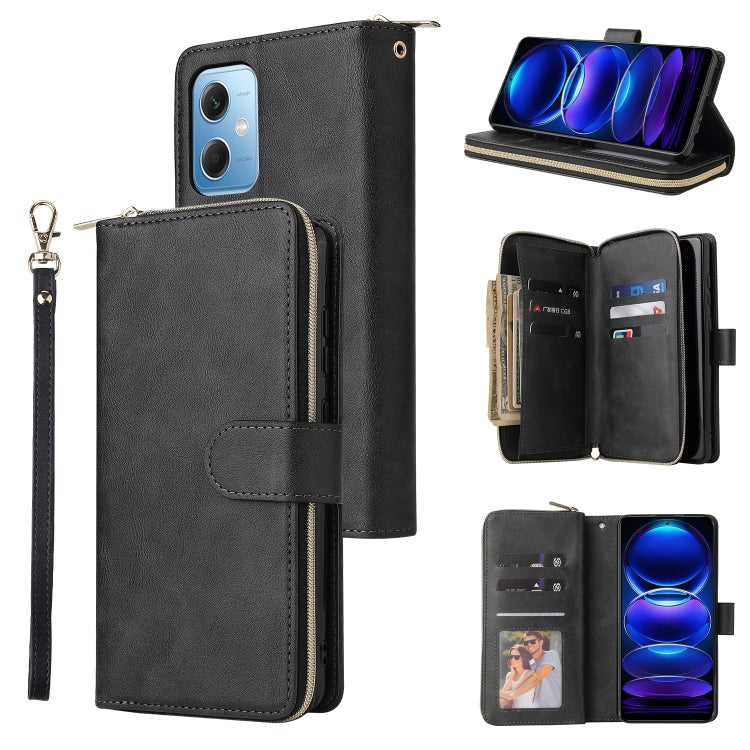 Black leather zip wallet phone case with wrist strap; open card slots on folio cover.