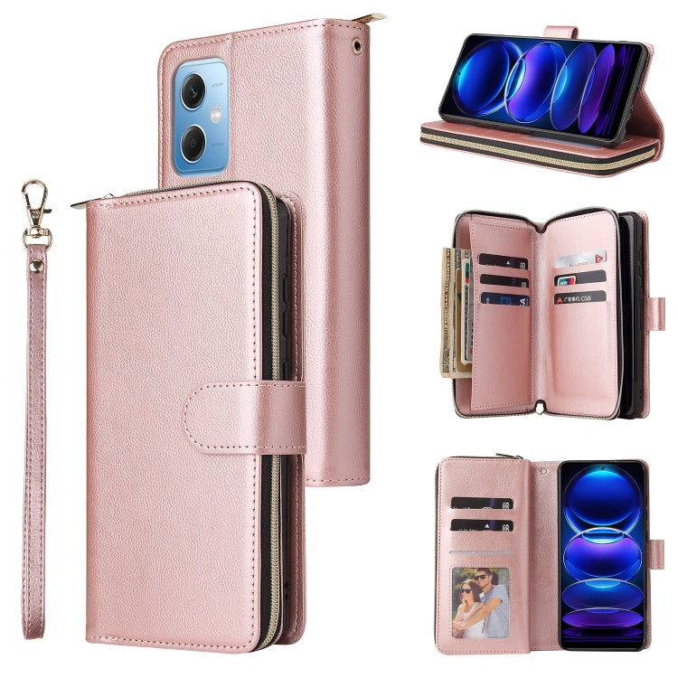 Pink leather zip wallet phone case with wrist strap, 9 card slots, folio kickstand