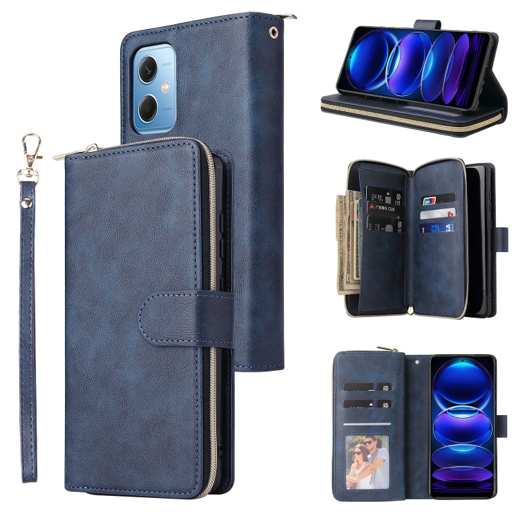 Dark blue leather zip wallet phone case with wrist strap, 9 card slots, folio kickstand