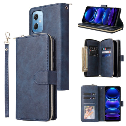 Dark blue leather zip wallet phone case with wrist strap, 9 card slots, folio kickstand