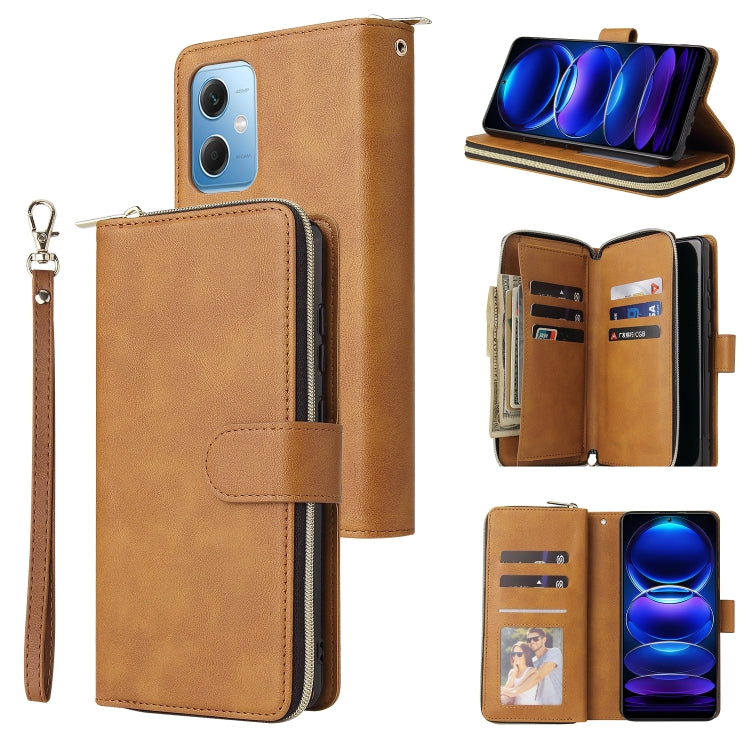 Tan leather zipper phone wallet with card slots, wrist strap, and magnetic flip cover