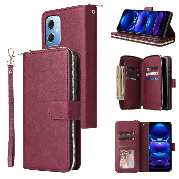 Wine red leather zipper phone wallet with card slots, wrist strap, and opened compartments