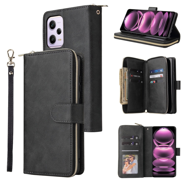 Black leather zipper wallet phone case with wrist strap and open card holder compartments.