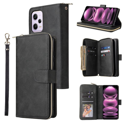 Black leather zipper wallet phone case with wrist strap and open card holder compartments.