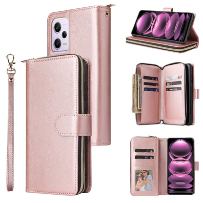 Pink leather zip wallet phone case with wrist strap, 9 card slots, card view open