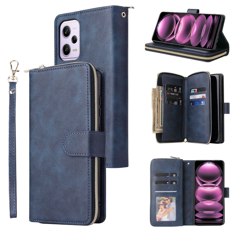 Dark blue leather zip wallet phone case with wrist strap and 9 card slots, open card window
