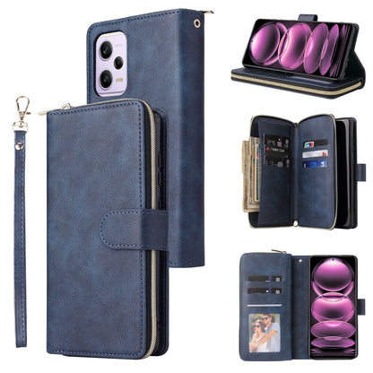 Dark blue leather zip wallet phone case with wrist strap and 9 card slots, open card window