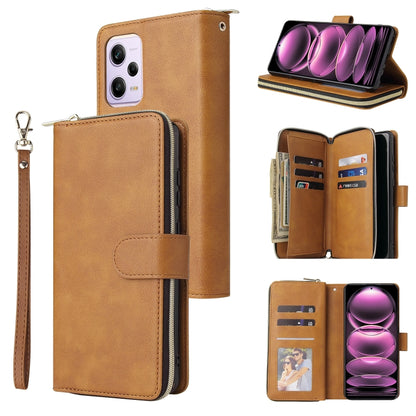 Tan leather zipper phone wallet with card slots and wrist strap, front and opened flap