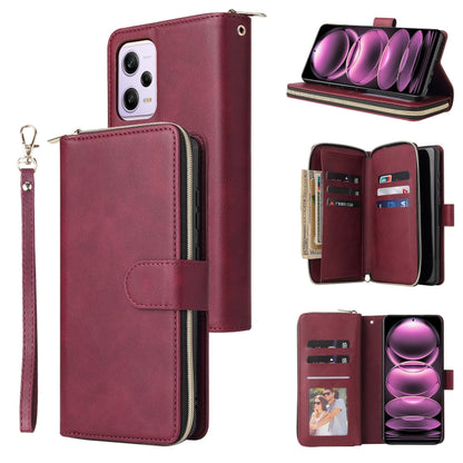 Wine red leather zipper phone wallet with card slots and wrist strap, phone shown in front