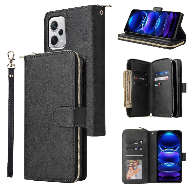 Black leather zip phone wallet case with wrist strap; open card slots and protective cover.
