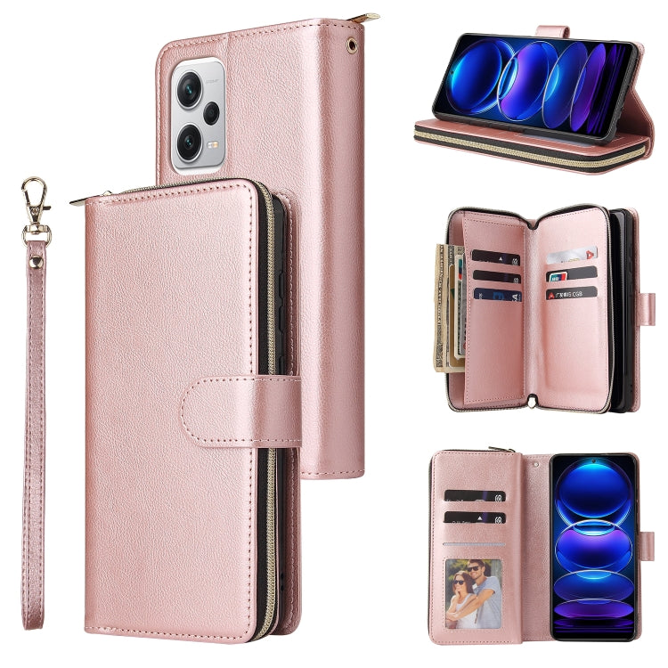Pink leather zip wallet phone case with wrist strap and 9 card slots, magnetic-style flap
