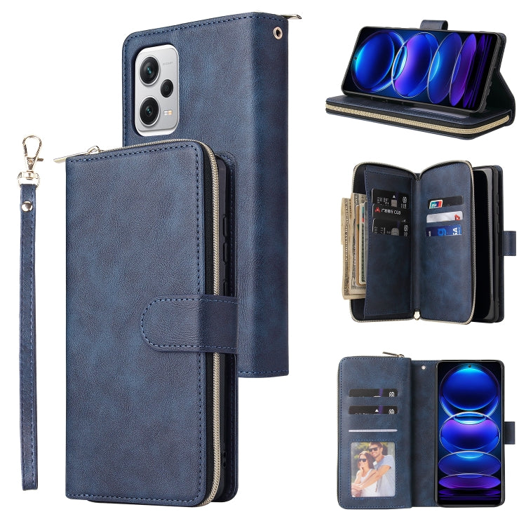 Dark blue leather zip wallet phone case with wrist strap and 9 card slots, phone in cover