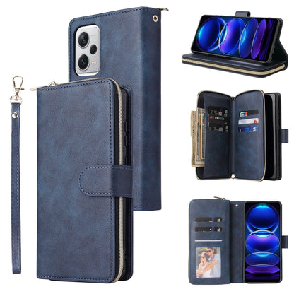 Dark blue leather zip wallet phone case with wrist strap and 9 card slots, phone in cover