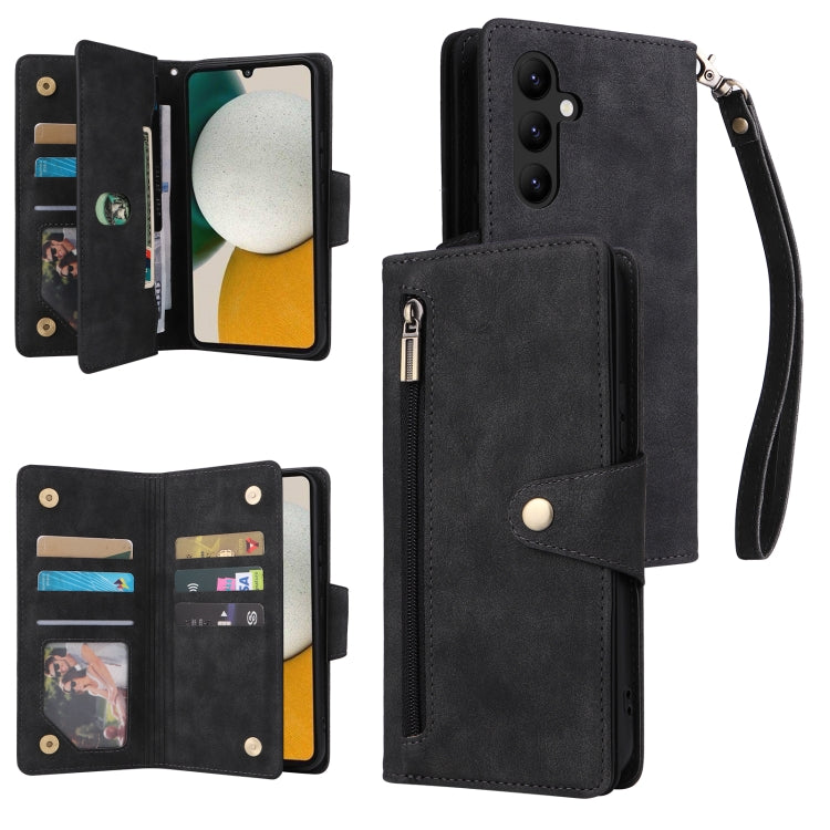 Black three-fold leather phone wallet case with wrist strap and 9 card slots