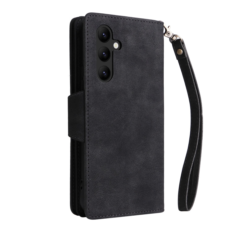 Black leather phone wallet case with wrist strap and three-camera cutout