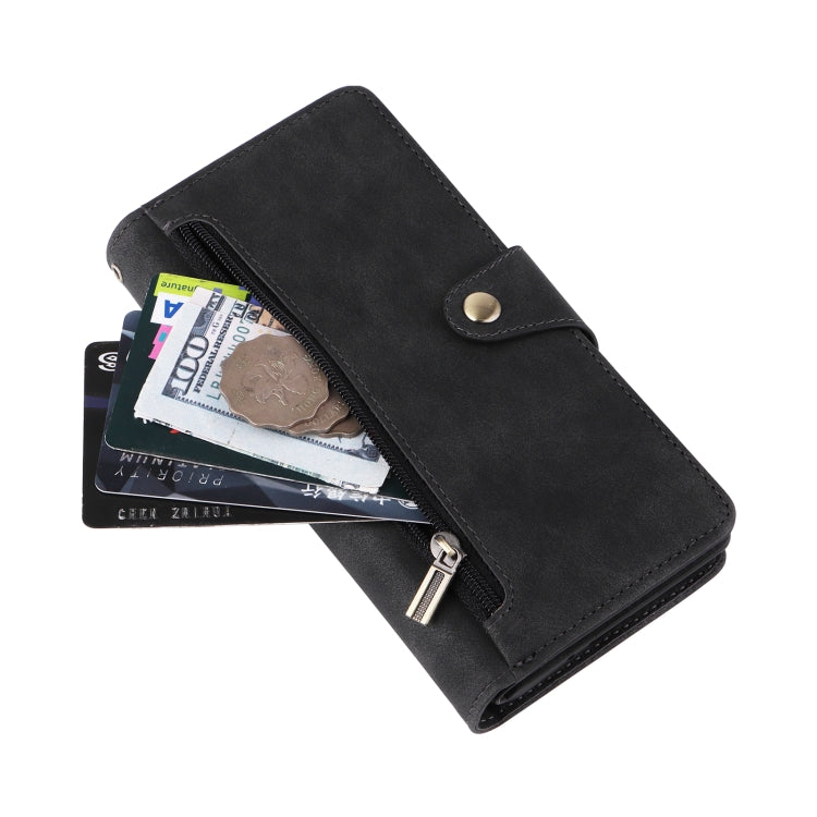 Black leather phone wallet case with front snap and zippered card pocket