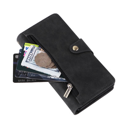Black leather phone wallet case with front snap and zippered card pocket
