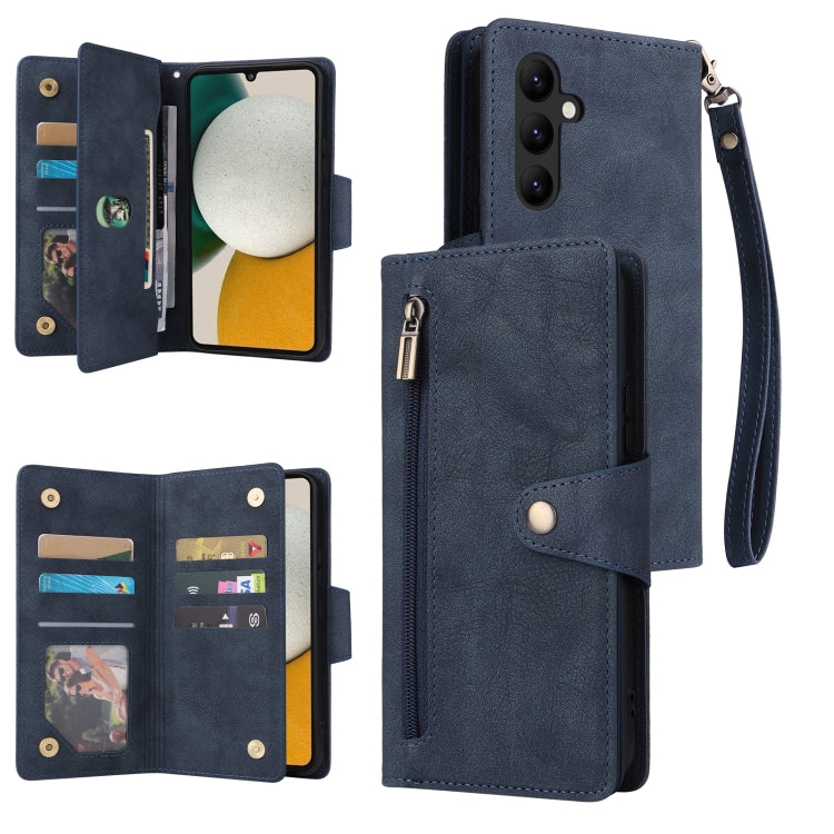 Blue three-fold leather phone wallet with card slots, wrist strap, and front flip open