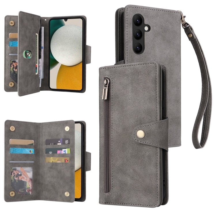Grey three-fold leather phone wallet with card slots, wrist strap, and zipper pocket