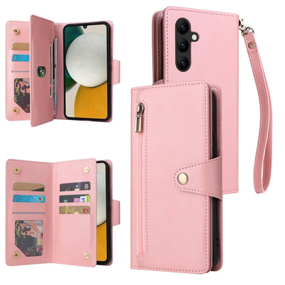 Pink three-fold leather phone case with card slots and wrist strap, front open
