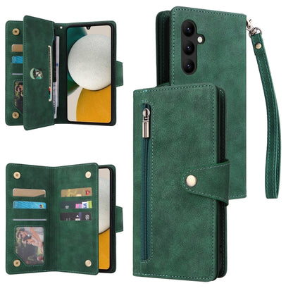 Green three-fold leather phone case with card slots and wrist strap, front open