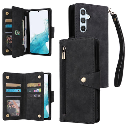 Black leather three-fold phone wallet case with wrist strap and card slots